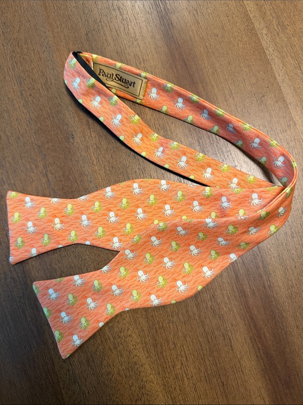 Paul Stuart Orange Self-Tie Bow Tie with White and Lime Octopus Motif